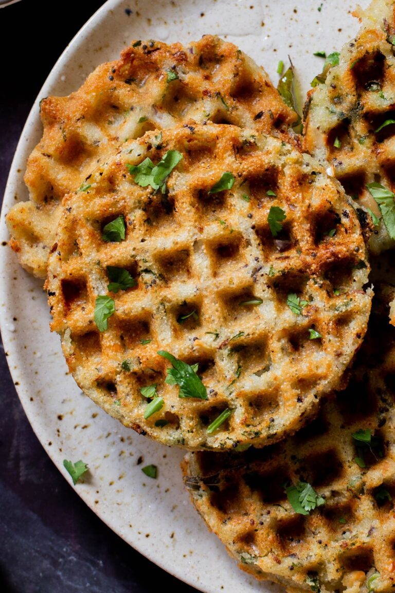close-up of rava idli waffles on the plate