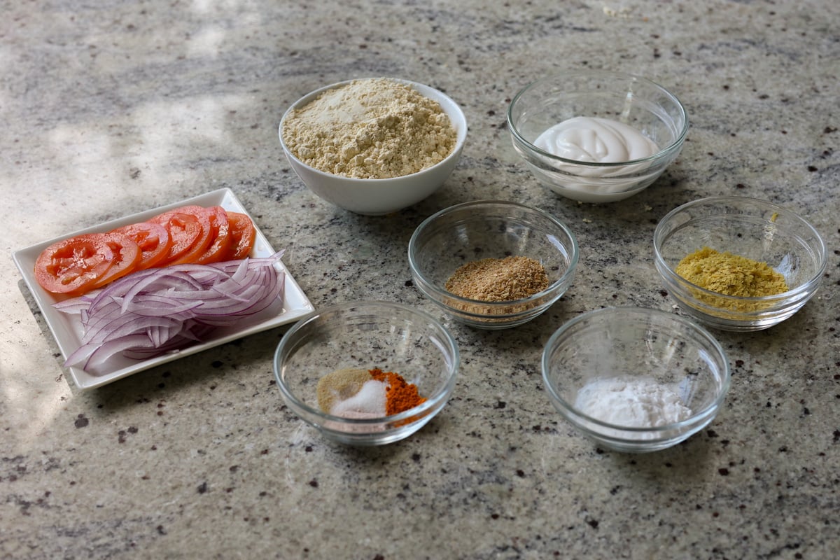 vegan chickpea flour omelet ingredients on the kitchen counter