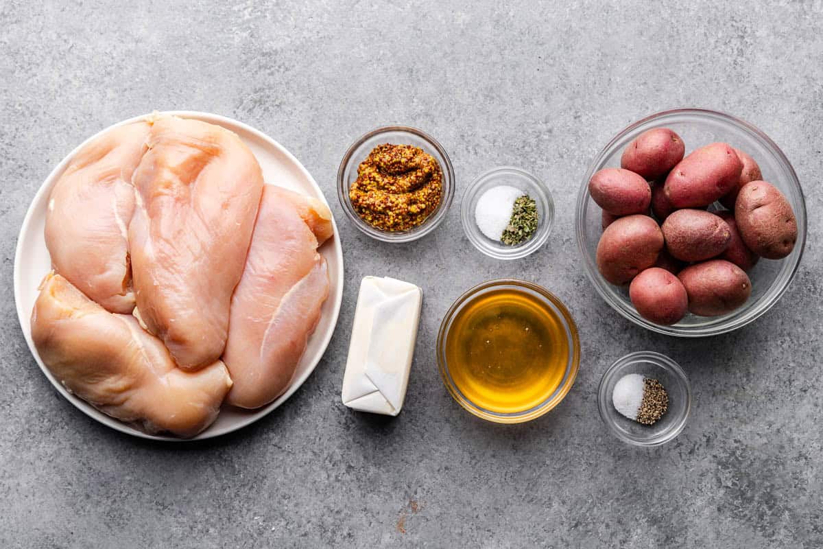 Ingredients used to make baked honey dijon chicken and potatoes.