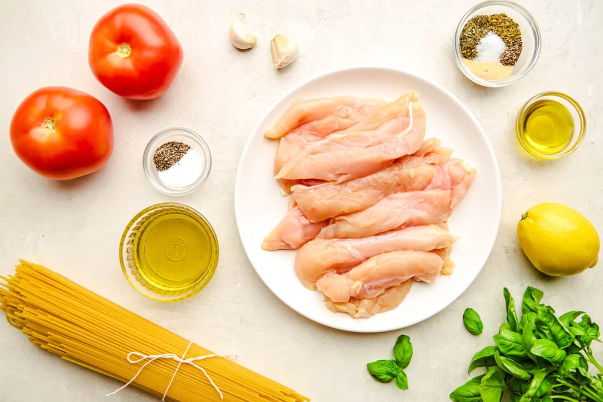 Ingredients for lemon herb chicken spaghetti.