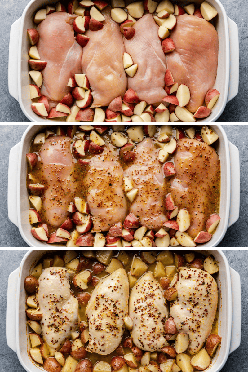 Collage of 3 images of baked honey dijon chicken and potatoes in casserole dish before and after it's leg baked.