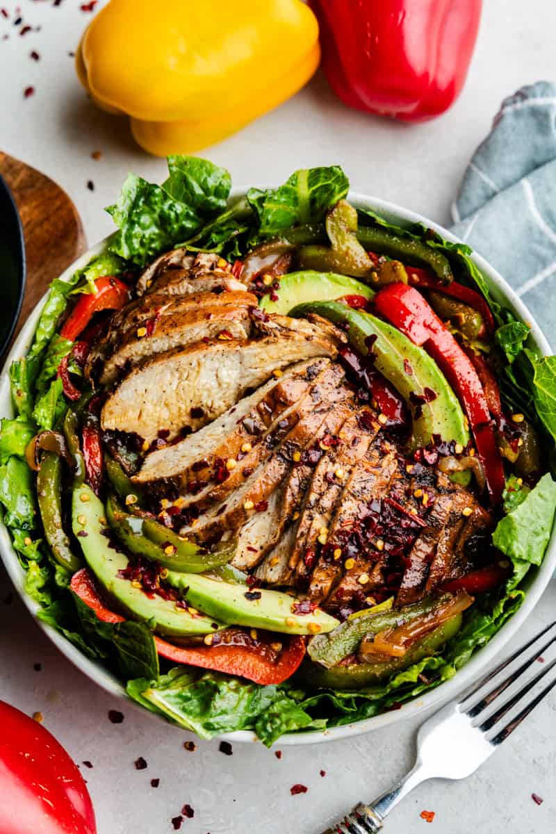 Overhead Shot of Sliced Skinny Chicken Fajita Salad.