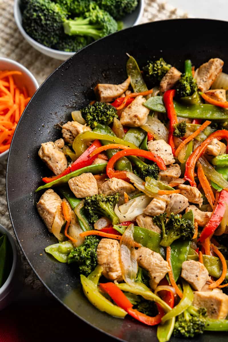 Overhead or Take-out Chicken Stir Fry in Wok.