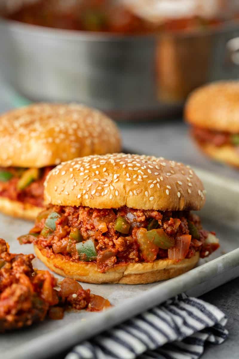Homemade sloppy Joes on a baking sheet.