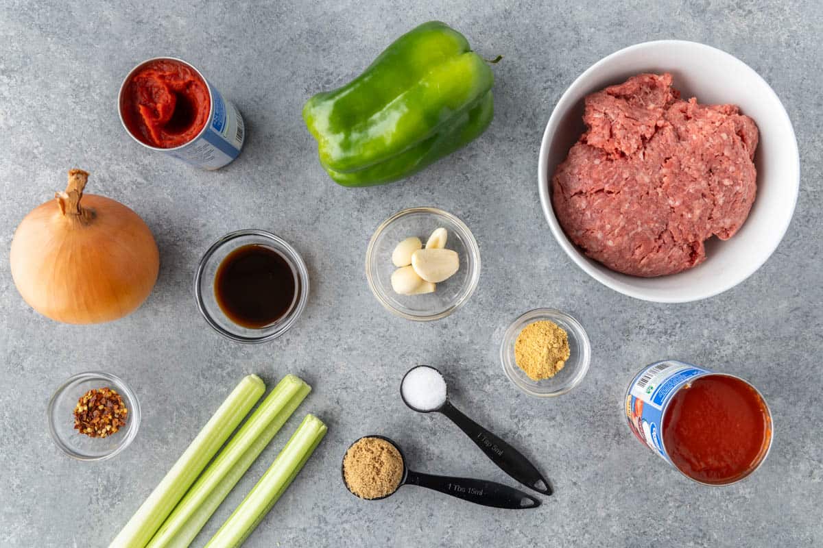 Overhead view of the raw ingredients needed to make sloppy Joes on a clean kitchen counter.