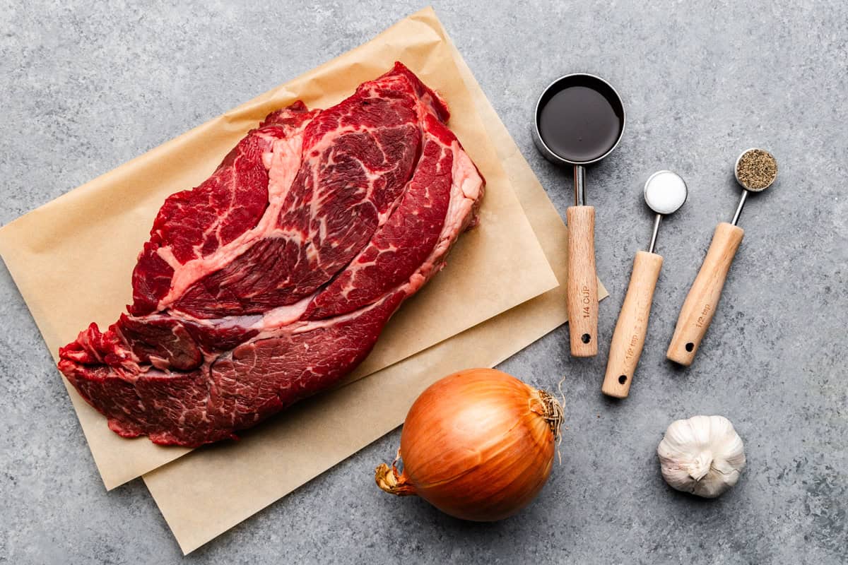 Ingredients used to make slow cooker shredded beef.
