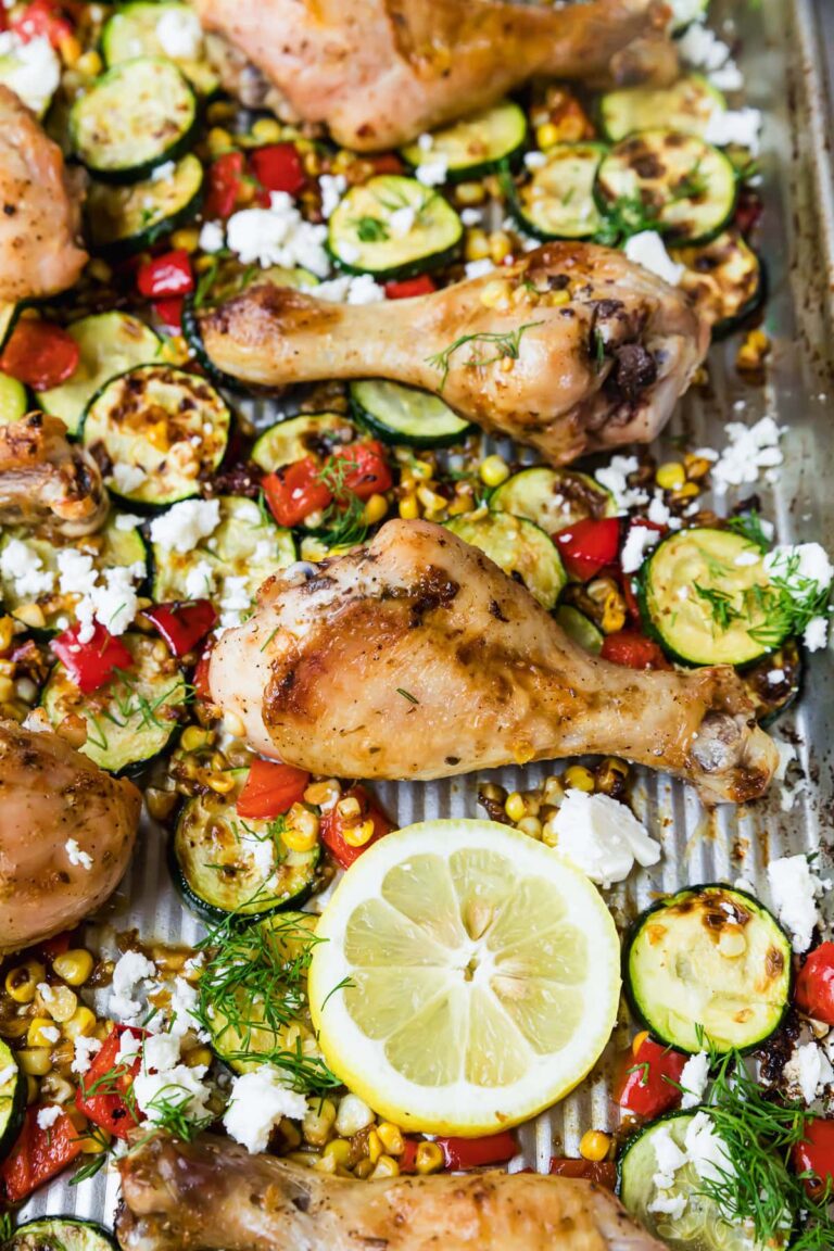 Sheet Pan Chicken Drumsticks with Zucchini and Corn Sheet Pan Chicken Drumsticks with Zucchini, Lemon, Corn and Feta