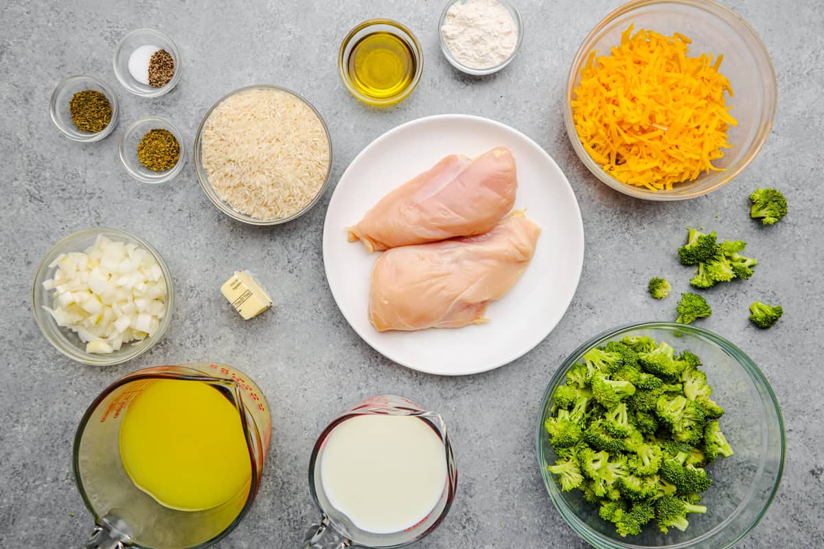 Ingredients for one pot chicken broccoli & rice.