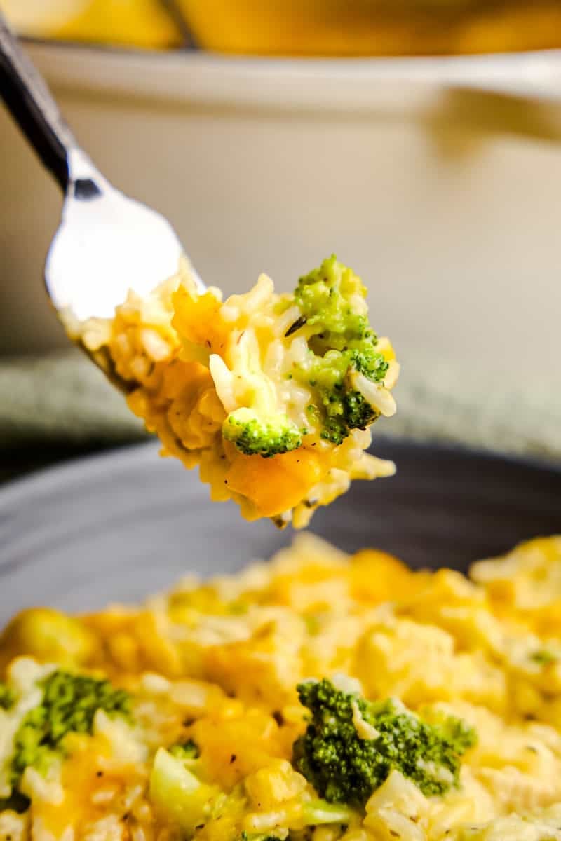 A forkful or one pot chicken broccoli & rice with a cast iron pot blurred in the background.