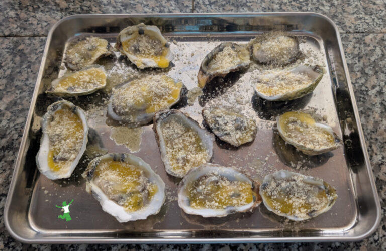 Garlic Parmesan Broiled Oysters | Healthy Home Economist garlic parmesan broiled oysters on the half shell in baking pan