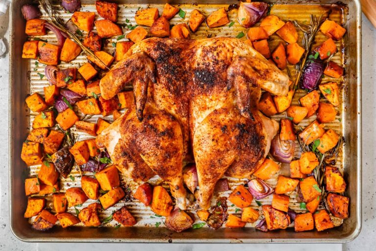 Spatchcock Chicken with Sweet Potatoes (Sheet Pan Dinner) Spatchcock Chicken with Sweet Potatoes on a sheet pan
