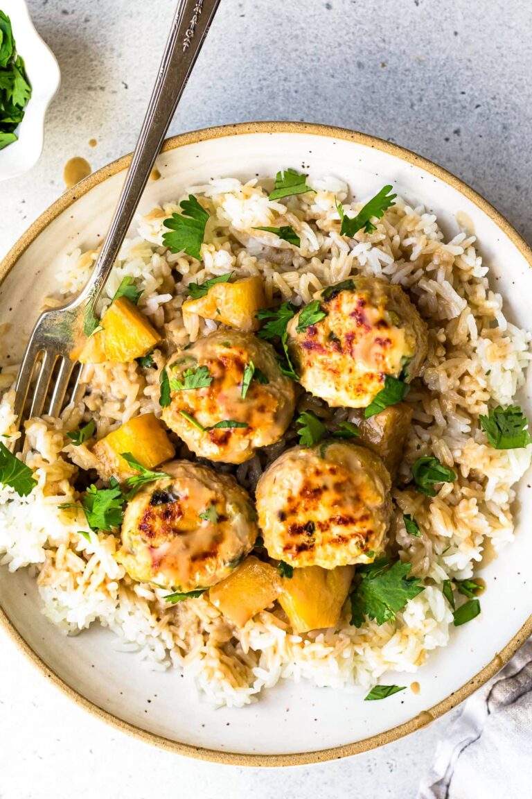 Hawaiian Chicken Meatballs with Pineapple Hawaiian Chicken Meatballs with Pineapple Coconut Sauce over rice