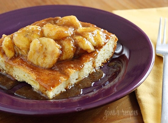 Dessert for breakfast? This make-ahead baked French toast casserole topped with Bananas Fosters will wow your guests this Easter! Put out some bowls of fresh berries and fruit and your guests wont even know this is a lightened up French Toast.