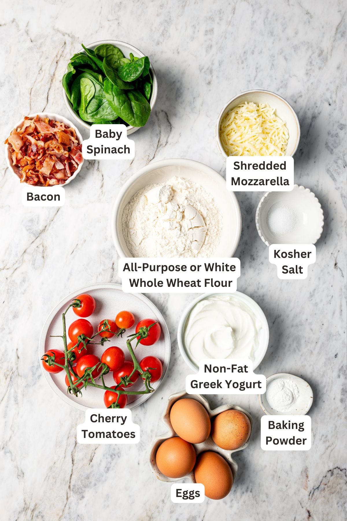 Ingredients for breakfast pizza with labels.