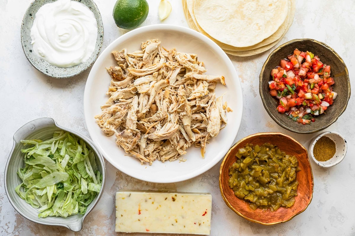 Flauta ingredients; shredded chicken, cheese, tortilla, pico de gallo