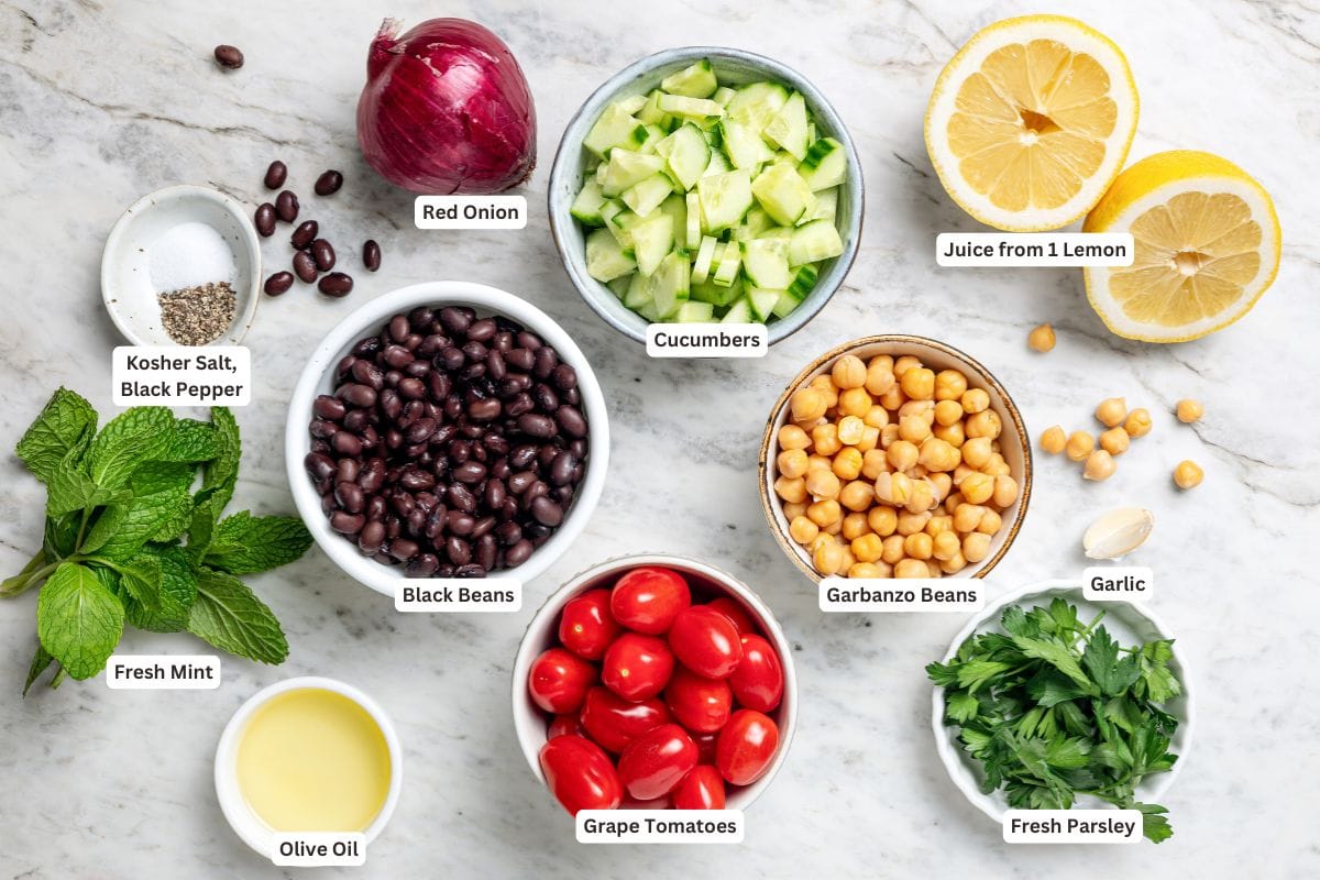 Ingredients for garbanzo bean Mediterranean salad.