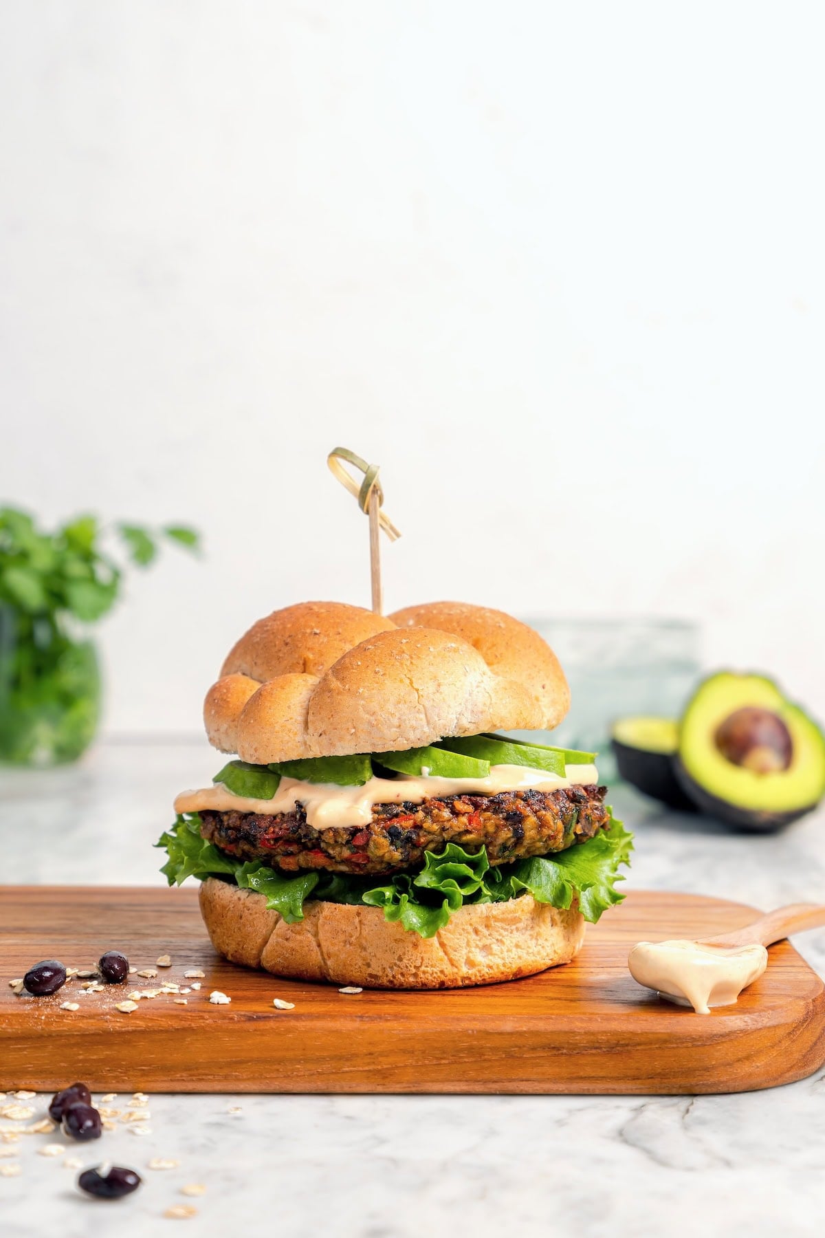 Veggie burger on a wood cutting board