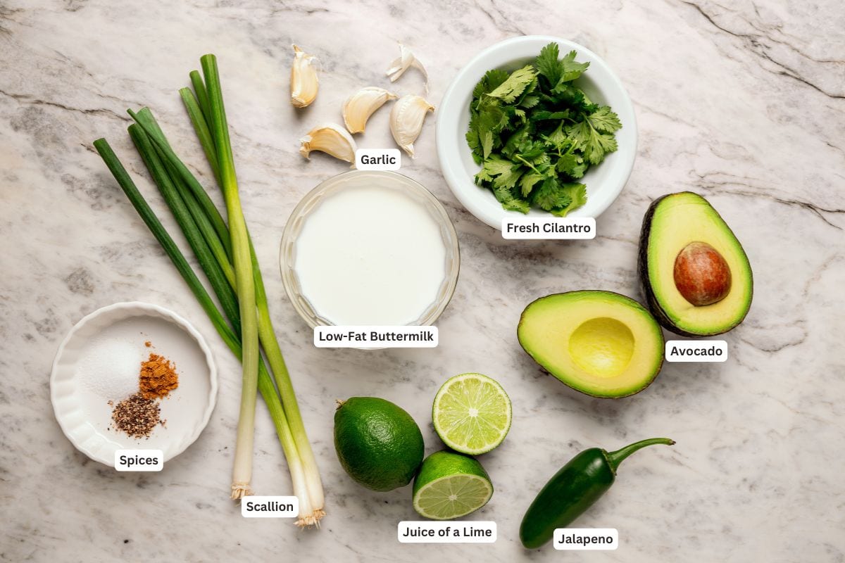 Ingredients for avocado cilantro lime dressing.