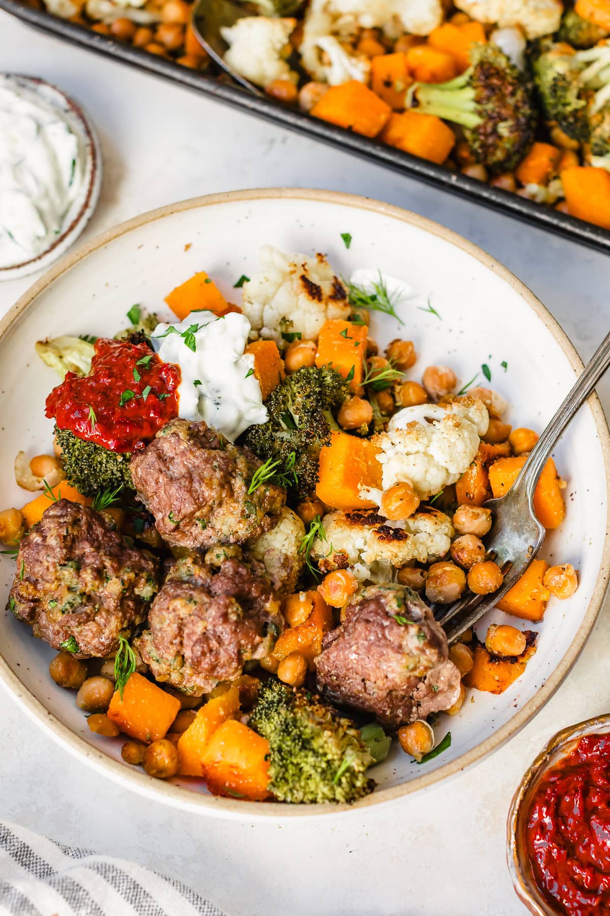 Sheet Pan Mediterranean Meatballs with Chickpeas Cauliflower and Butternut