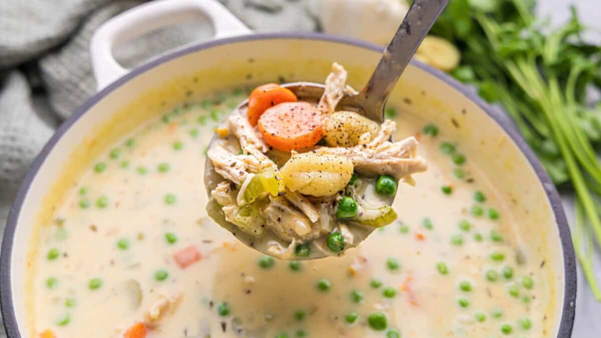 A ladle of chicken pot pie soup being lifted from the pot. The ladle has chunks of shredded chicken, pillowy gnocchi, carrots, peas, and celery.
