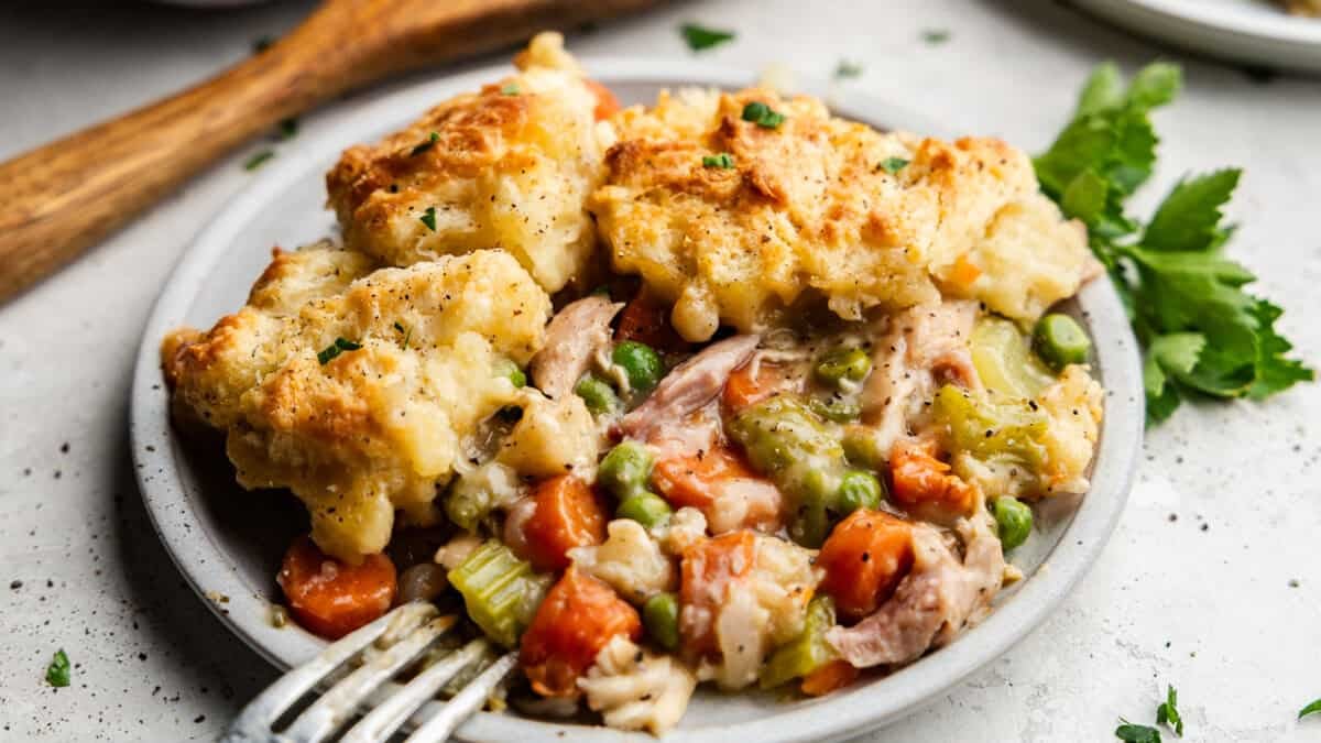 Closeup of Chicken Pot Pie Casserole plated.