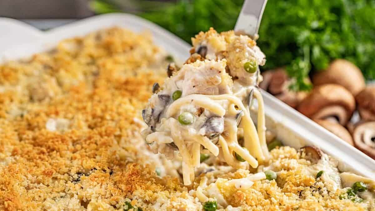 Serving a spoonful of cheesy chicken tetrazzini out of a baking dish