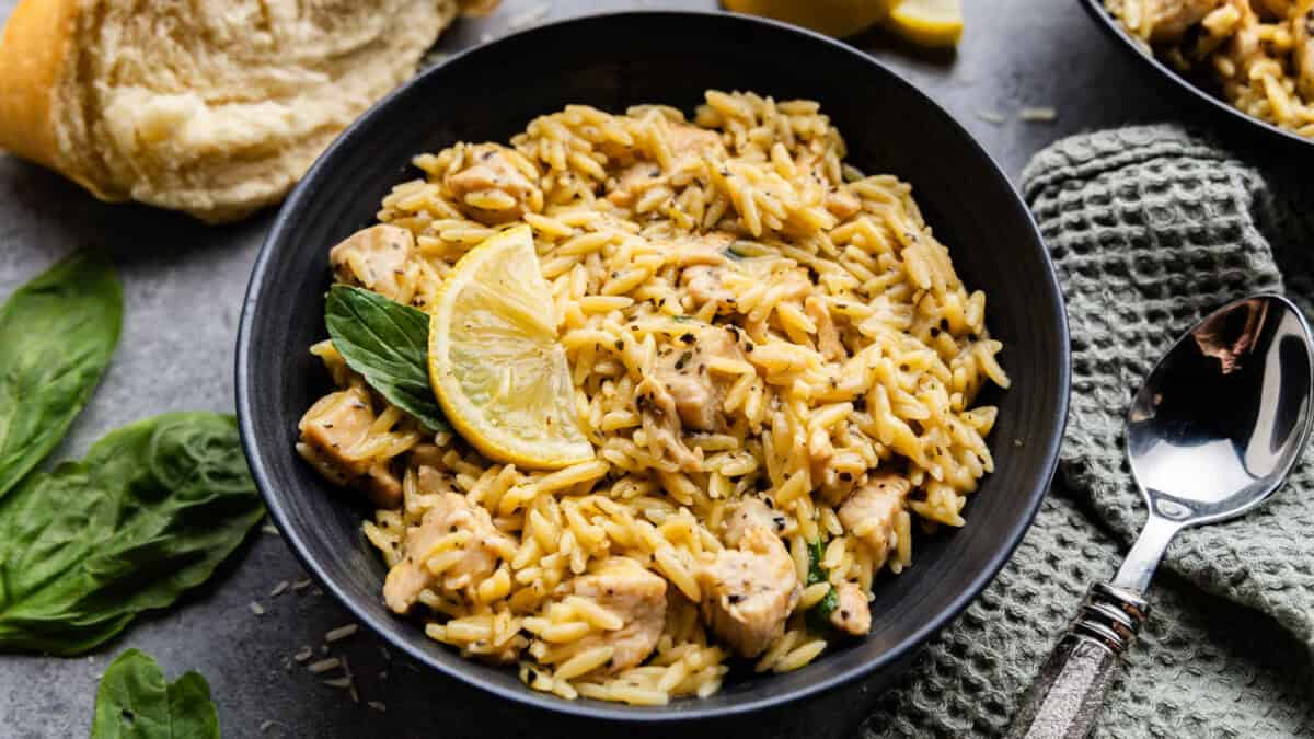 Lemon Chicken & Orzo in a bowl.