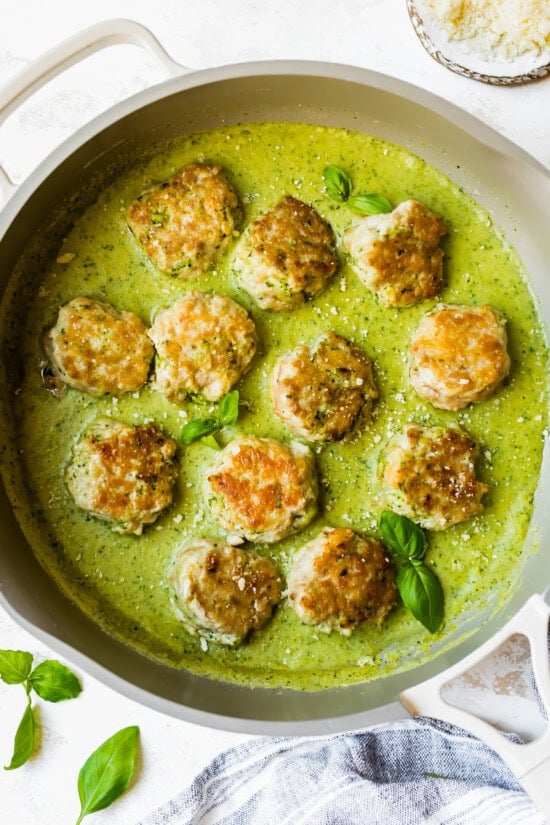 Chicken Meatballs with Lemony Pesto White Bean Puree