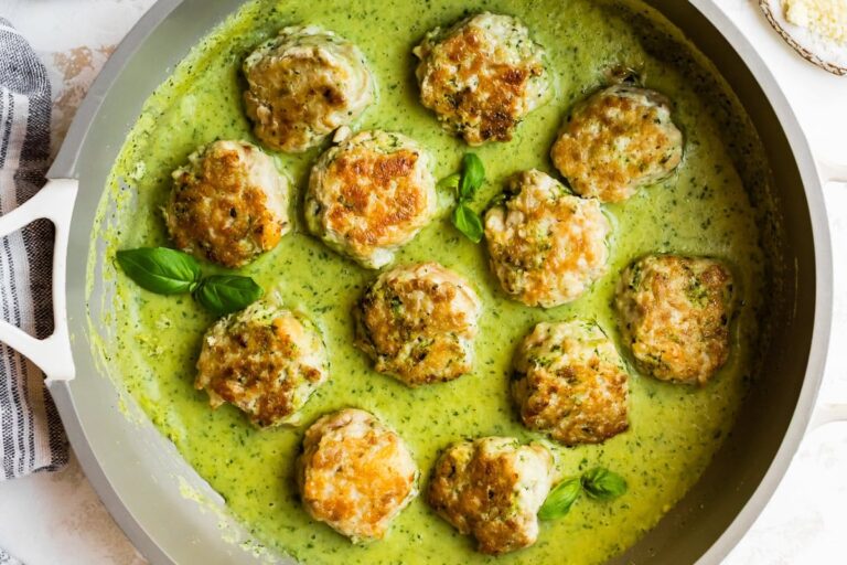 Chicken Meatballs with Pesto White Bean Puree