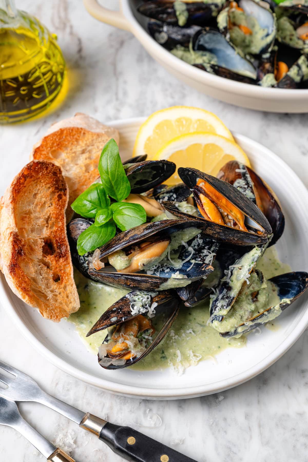 With tender mussels in cream sauce with Parmesan and basil, this recipe is perfect for special occasions, but easy enough for a weeknight! Plate of mussels with basil cream sauce and toast.