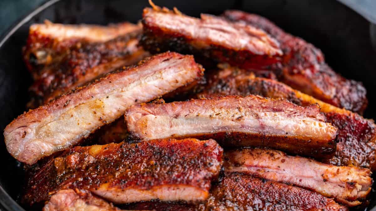 Close up view of smoked ribs.