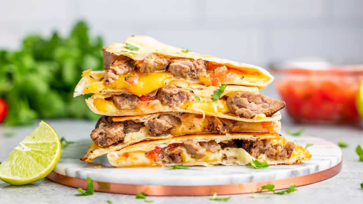 Steak quesadillas on a serving platter.