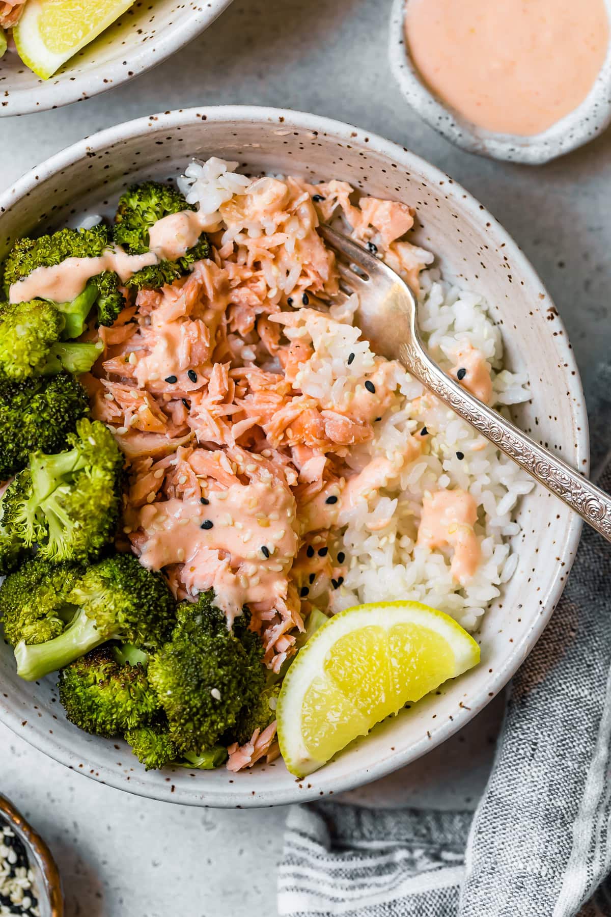 Smashed Salmon Broccoli Rice Bowls