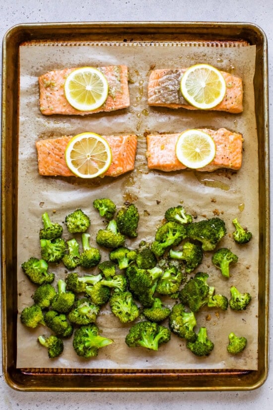 salmon and broccoli on sheet pan