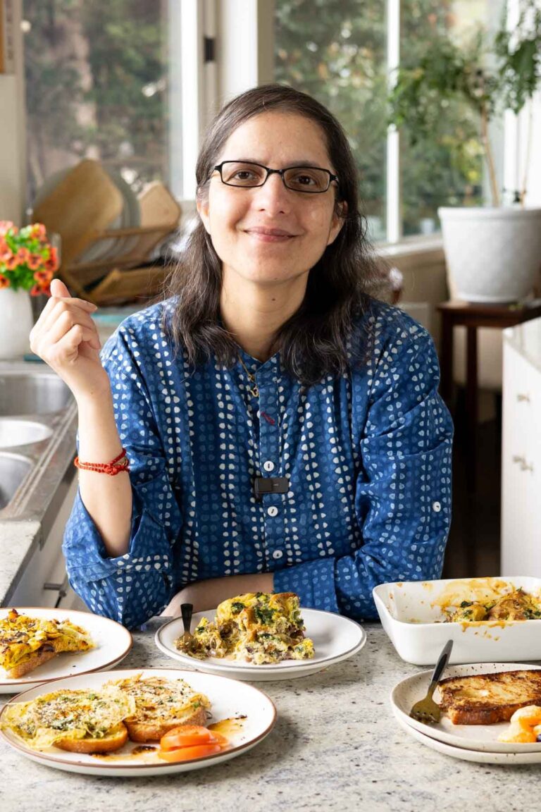 Whipped Tofu Breakfast Recipes Vegan Richa at the kitchen counter in front of whipped tofu recipes on plates