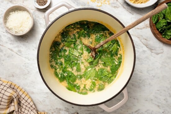 This cozy stracciatella soup is made with rich chicken broth, Parmesan, orzo and spinach for a satisfying meal. Done in just 20 minutes! Pot of stracciatella soup with spinach.