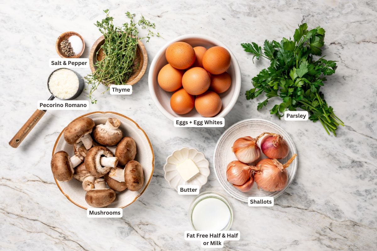 This aromatic mushroom frittata with egg whites, sautéed mushrooms, shallots, and cheese is an easy-to-make gourmet breakfast or brunch. Mushroom frittata ingredients.