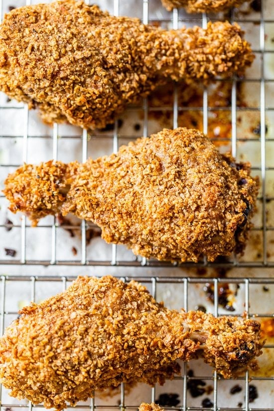 Crispy oven fried chicken drumsticks.