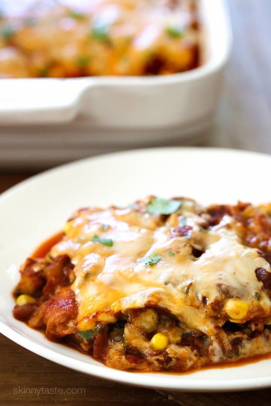 Vegetable enchilada casserole with zucchini, corn and cheese