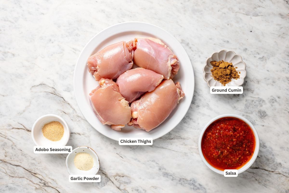 The easiest crockpot salsa chicken with juicy chicken thighs, jarred salsa, and simple spices. Great for meal prep, tacos, and rice bowls! Easy crockpot salsa chicken ingredients with text labels.