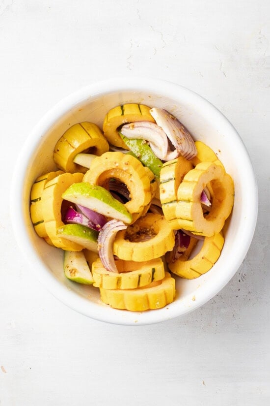 Delicata squash, pears and red onion