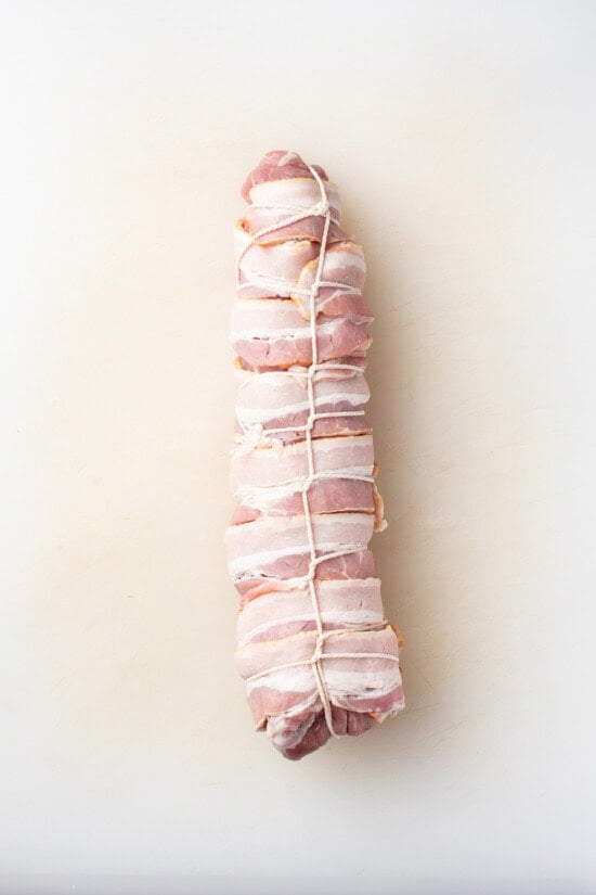 bacon wrapped pork tied