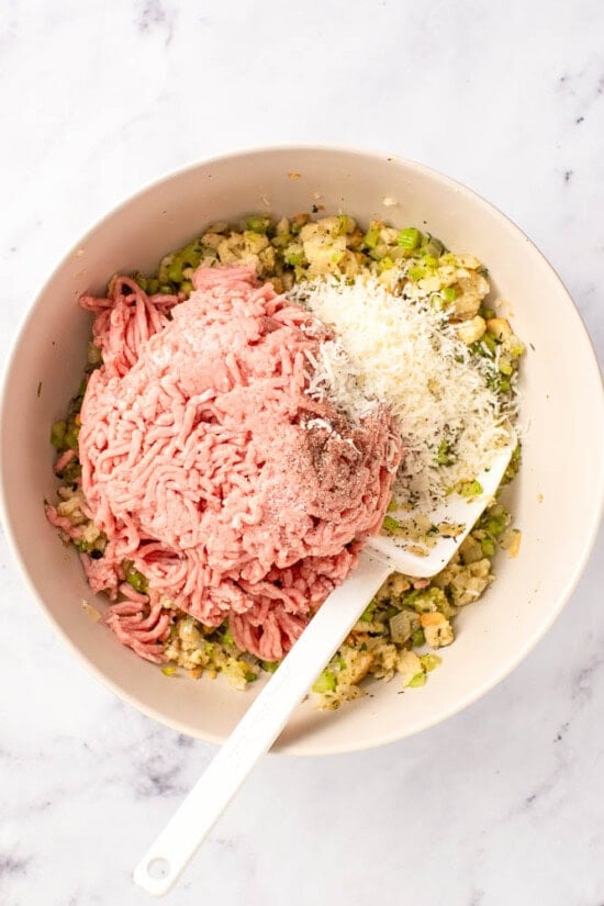 Mixture of ground turkey and stuffing in a bowl